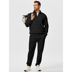 Ensemble de survêtement décontracté pour homme, noir, avec sweat-shirt à col montant zippé à quart de tour et pantalon de jogging, sans coutures, respirant, tricoté, pour l'hiver - Product Image 3