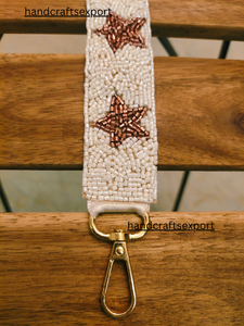 Premium Handcrafted Beaded Star Purse <b>Strap</b>- White Artisan <b>Shoulder</b> Bag <b>Strap</b> with Rose Gold Beadwork, for Women's Handbags - Product Image 2