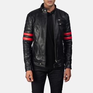 <b>Men</b> <b>Black</b> Genuine Leather Motorcycle Biker Jacket with Red Arm Stripe Stand Collar Slim Fit Fashion Riding Jacket OEM Service - Product Image 3