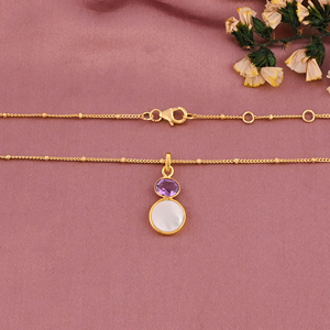 Collar con Colgante Geométrico Moderno Chapado en Oro con Dos Piedras de Amatista Natural y Madreperla para Mujer - Product Image 3