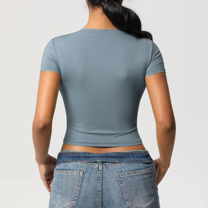 Classic Women's Longline Baby Tee Crop <b>Tops</b> Short Sleeve Workout T Shirt Lightweight Breathable Seamless Design - Product Image 4