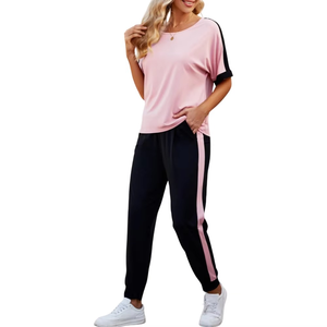 Women's Pink Black Color Block Tracksuit Short Sleeve Crew Neck Loose Fit Full Length <b>Pants</b> Side Pockets Elastic Waist Tracksuit - Product Image 2