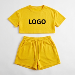 2024 <b>Women's</b> Custom Logo Summer Sports Jogging Two-Piece <b>Set</b> Crop Tank Top <b>Short</b> Sleeve <b>T</b>-<b>Shirt</b> <b>Shorts</b> Solid 100% Cotton - Product Image 6