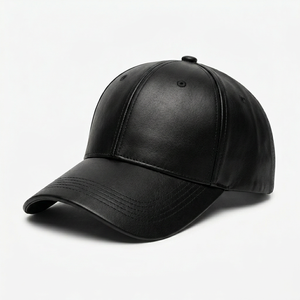 Casquette de baseball en cuir PU noir, 6 panneaux, réglable, unisexe, décontractée, couleur unie, logo sur le pan droit - Product Image 6