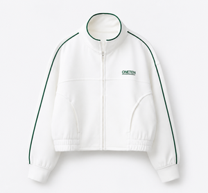 ONETEN <b>Women's</b> White Fleece Track <b>Jacket</b> Full Zip Hooded Collar Embroidered Logo Front Casual Winter Wear Quick Dry - Product Image 2