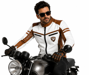 <b>Men's</b> <b>White</b> Brown PU Leather Motorcycle <b>Jacket</b> Stand Collar Zipper Front Moto Biker Style Regular Fit - Product Image 5
