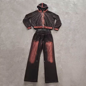 Ensemble de survêtement streetwear d'hiver personnalisé pour hommes, style délavé à l'acide, avec sweat à capuche zippé et pantalon de jogging oversize effet usé - Product Image 6