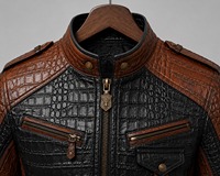 Blouson de moto en cuir véritable pour homme, motif crocodile embossé, marron noir, col montant, coupe ajustée, coupe-vent, fermeture éclair