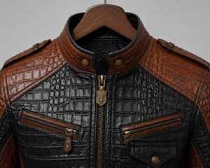 Blouson de moto en cuir véritable pour homme, motif crocodile embossé, marron noir, col montant, coupe ajustée, coupe-vent, fermeture éclair - Product Image 5