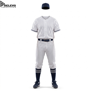 <b>Men</b> Full Baseball Uniform Kit, Retro Blue Pinstripe Button-Down Jersey, Athletic Pants, Matching Cap & <b>Striped</b> <b>Socks</b> - Product Image 1