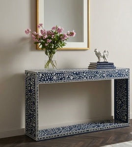 Mesa Consola Decorativa con Incrustaciones Florales Azules, Mesa de Entrada, Mesa de Sofá, Mueble de Madera Sólida para Sala de Estar - Product Image 2