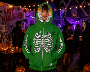 Green Gothic Hoodie Men <b>Skeleton</b> Print Zippered Hooded Sweatshirt Regular Fit Autumn Style Skull Design <b>Full</b> Sleeve - Product Image 5