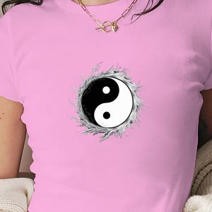 Camiseta Corta de Moda para Mujer, Tejida, Ajustada, con Estampado de Fluido Yin Yang, Estilo Y2K - Product Image 4