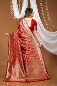 AARA Fashion Sari en soie rouge avec broderie Zari dorée, tenue de mariage indienne traditionnelle pour femme, longueur au sol, coupe classique, toutes saisons, soleil - Product Image 5