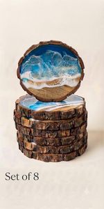 Tapetes y Posavasos Artesanales Ecológicos de Estilo Rústico (Juego de 8) - Rodajas de Madera Natural de 300 mm de Diámetro con Resina Artística Decorativa para el Hogar - Product Image 1