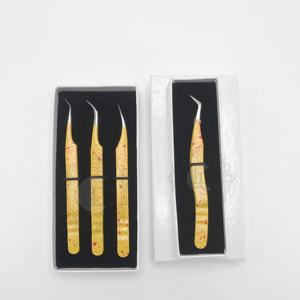 Marque privée personnalisée pince à épiler d'extension de cils en acier inoxydable revêtement en poudre jaune pointe d'argent emballage durable - Product Image 1