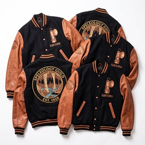 Chaqueta Letterman al por mayor de lana color carbón, estilo universitario, con bordado de la Academia Meteorológica, anemómetro, medidor de viento y estación meteorológica, color bronceado. - Product Image 2