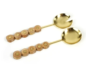 Ensemble de couverts de luxe en acier inoxydable avec manche en bois segmenté fait main et finition dorée, comprenant cuillère et fourchette de service pour salade, idéal pour buffet, hôtesse et table, ou comme cadeau. - Product Image 6