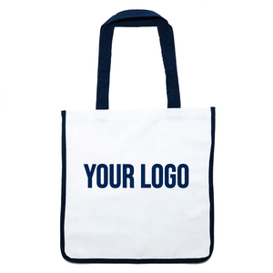 Custom Logo <b>Canvas</b> <b>Tote</b> Bag Medium Size White with Navy Trim Carry Handles Reusable for Daily Use - Product Image 1