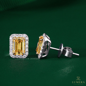 Fancy Yellow Emerald Cut Lab Grown Diamond Halo Stud <b>Earrings</b> Cluster Setting Gold Diamond Graduation <b>Earrings</b> Antique Jewelry - Product Image 5