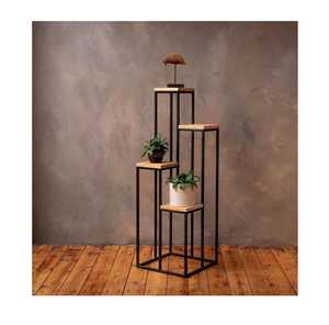 Supports à fleurs modernes en métal avec étagères en bois, design carré, présentoir pour plantes d'intérieur, style minimaliste, finition thermolaquée - Product Image 3