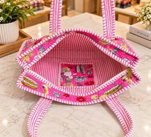 For Bohemian Quilted Canvas <b>Tote</b> <b>Bag</b> <b>Zipper</b> Closure Lady Fashion Vintage Lightweight Floral Print Shoulder Shopping Handbag - Product Image 3