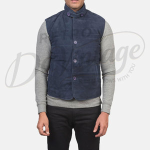 Chaleco Premium para Hombre, Azul Marino, de Cuero de Gamuza Acolchado, con Botones, Cuello Alto, Sin Mangas, Corte Ajustado, Acolchado, para Invierno - Product Image 3