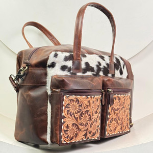 Custom Wholesale Multifunctional Large Size Hand Tooled Leather Zipper Pocket Mummy Nappy <b>Bag</b> Cowhide <b>Laptop</b> Compartment Handbag - Product Image 4