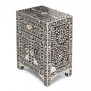 Luxury Handcrafted Traditional Antique <b>Grey</b> Wooden Nightstand Floral Pattern Bone Inlay Drawer Bedroom Furniture for Living - Product Image 2