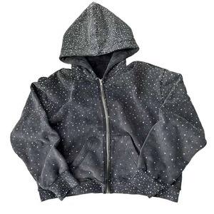 Sweat à capuche zippé en coton 100% de qualité supérieure, orné de strass, effet vieilli, coupe oversize, avec logo personnalisé - Product Image 1