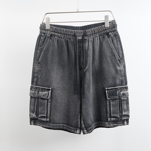 Pantalones cortos de algodón vaquero de sarga informales para fitness para hombre, dobladillo con cordón y cremallera, malla de carga multibolsillo, ropa de calle ecológica sólida - Product Image 2