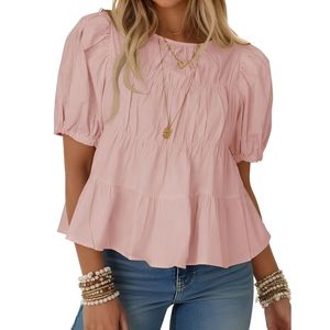 Womens Puff Sleeve Peplum Babydoll <b>Tops</b> Summer Flowy Pleated Cotton T-Shirts Casual Loose Fit Cute Blouse - Product Image 1