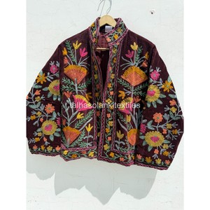Veste en velours pour femme, motif floral brodé à la main, col mandarin, manches longues, manteau d'automne - Product Image 1
