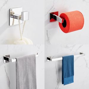 Set di 4 Accessori per Bagno con Adesivo Forte, Portasciugamani e Gancio Appendiabiti in Argento Spazzolato Senza Foratura - Product Image 1