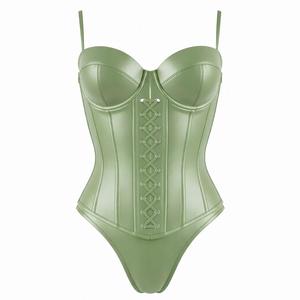Womens Olibe Green Fauz Leather One Piece Corset Bodysuit with Underwire Full Cup and <b>Adjustable</b> <b>Strap</b> - Product Image 2