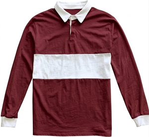 Polo homme bordeaux personnalisé, à blocs de couleur blancs, manches longues, en coton tricoté, style rugby, respirant, vêtements de mode. - Product Image 1