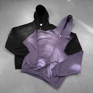 Sudadera con capucha de algodón con cremallera YKK al por mayor para hombre, sudadera con capucha con cremallera personalizada, extragrande, lavado ácido, negra, de peso pesado para hombre - Product Image 3