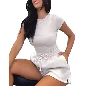 Nouveautés Ensemble court d'été pour femme 2 pièces en coton, comprenant un crop top style motard et un short, collection 2026 BY BS - Product Image 1