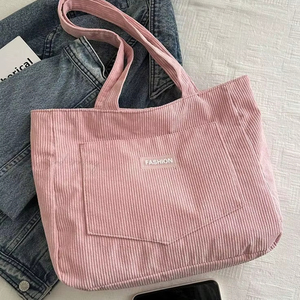 Sac fourre-tout en tissu de velours côtelé rayé rose pour femme, grande capacité, sac à bandoulière pour étudiante, shopping, voyage, usage quotidien et professionnel - Product Image 1