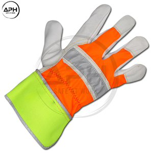 Wholesale Rate White <b>Leather</b> Palm Orange Lime Back Reflective Detail Full Finger Custom Work Hand Wear Hi Visibility <b>Gloves</b> - Product Image 4