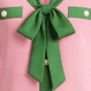 Robe en tricot AKA Ponte pour femme, rose avec bordure verte, boutonnée sur le devant, élégante, tenue grecque de sororité, formelle, décontractée, stylée - Product Image 3