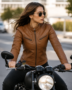 Unisex Tan PU Leather Moto <b>Jacket</b> with Stand Collar Dual Zip Pockets <b>Quilted</b> Shoulder Detail Quick Dry & Breathable - Product Image 6