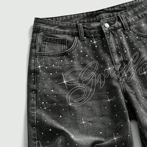 Pantalones cortos de mezclilla casuales Up Felt personalizados para hombre con letras gráficas y pedrería en el bolsillo, 100% tela vaquera, para venta al por mayor - Product Image 4