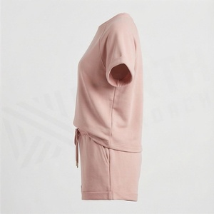 Ensemble 2 pièces tricoté rose pour femme, col rond, manches courtes, coupe ample, couleur unie, décontracté, printemps-été, longueur au-dessus du genou - Product Image 3