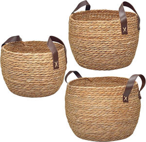 Paniers de rangement ronds en osier tressé avec poignées en cuir, lot de 3, paniers décoratifs en corde tressée naturelle - Product Image 3