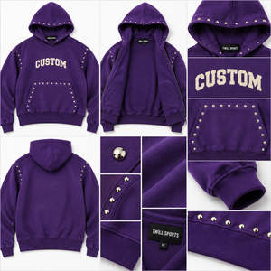 Sudadera con Capucha Oversize Morada de Sarga con Tachuelas y Estampado de Letras Personalizado, Bolsillo Delantero, Ropa de Otoño para Hombre, Estilo Urbano - Product Image 5