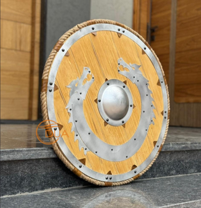 Armadura Redonda de Madera de Guerrero Vikingo Medieval Hecha a Mano y Pulida, con Cara de Dragón y Metal Plateado, 24 Pulgadas, para Navidad y Halloween - Product Image 6