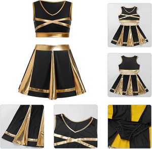 Ensemble uniforme de pom-pom girl noir et or avec coutures contrastées, fermetures éclair, séchage rapide, haut court sans manches, taille haute, en Spandex et Polyester unis - Product Image 5