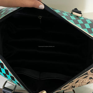 Bolsa de Viaje Grande de Cuero Genuino con Diseño a Cuadros Turquesa y Negro, Bolsa de Viaje de Cuero Hecha a Mano para Mujer - Product Image 6