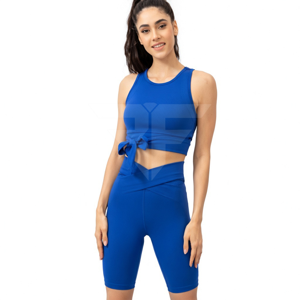 OEM Services Women's Yoga Set Eco-friendly Front Crossed High Waist Workout Shorts Quick Dry Ribbed Sports Bra